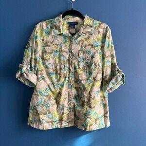 Y2K Floral Button Down Women's Size Large Petite Blue‎ Green Karen Scott Safari